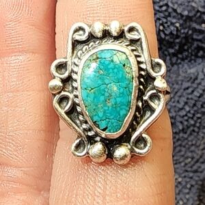 Size 6 VNTG Old Pawn Navajo Teal Turquoise Sterling Silver